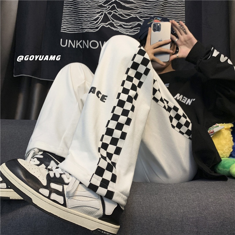 Quần ống rộng họa tiết caro thời trang phong cách hip hop size M-3XL cho nam