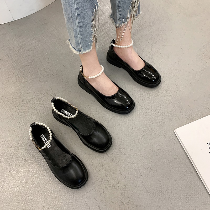 Small Leather Shoes Female 2021 Spring New Fashion Wild Retro Japanese Thick With Beaded Round Solid Color Sputum Bottom