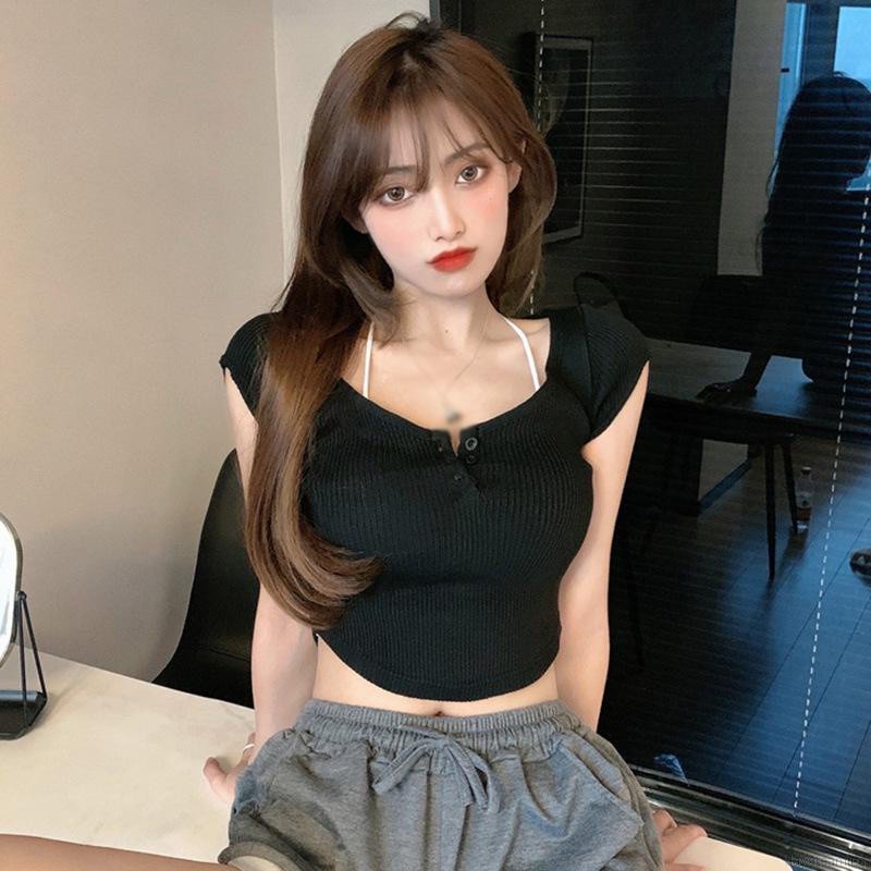 Áo Dệt Kim Tay Ngắn Cổ Chữ U Màu Trơn Phong Cách Hàn Quốc | BigBuy360 - bigbuy360.vn