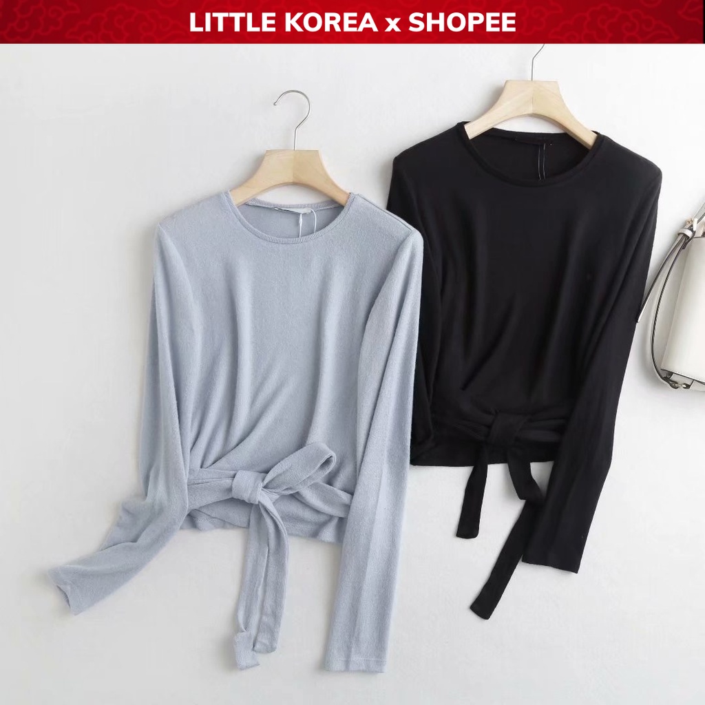 Áo Len Giấy Nữ Cổ Tròn Dài Tay Trơn Màu Kèm Đai Thắt Eo Cao Cấp Z - LITTLE KOREA