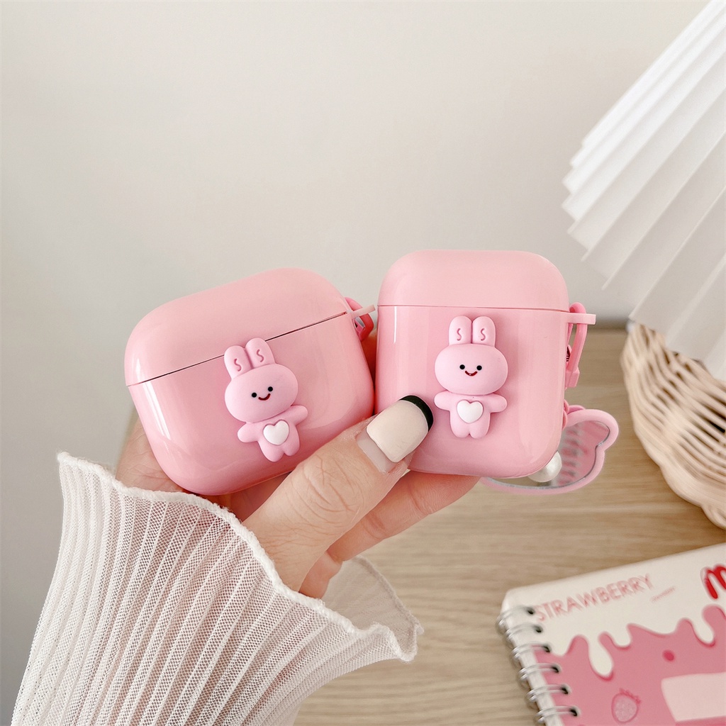 Vỏ Bảo Vệ Hộp Sạc Tai Nghe AirPods Pro 1 2 3 Hình Thỏ Hồng Dễ Thương Kèm Gương Soi Tiện Dụng
