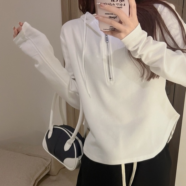 Áo hoodie ZHELIHANGFEI tay dài lưng cao có khóa kéo phong cách thời trang quyến rũ cho nữ
