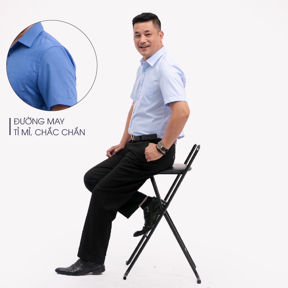 Áo Sơ Mi Nam Ngắn Tay Trung Niên ANCHI Màu Xanh Nhạt Trơn Vải Sợi Tre Cao Cấp