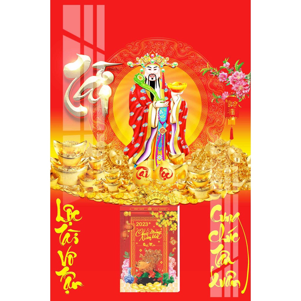 Lịch Gỗ Treo Tường Laminate Tráng Gương 2023 (40x60cm) - Thần Tài - Ông Di Lặc Cát Tường