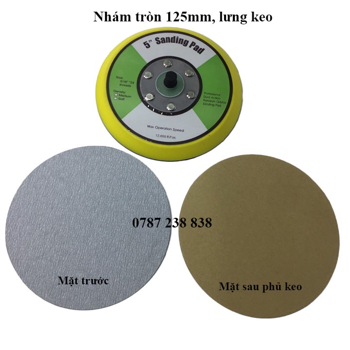 Giấy nhám tròn 125mm, lưng keo, mặt nhám phủ bột trắng