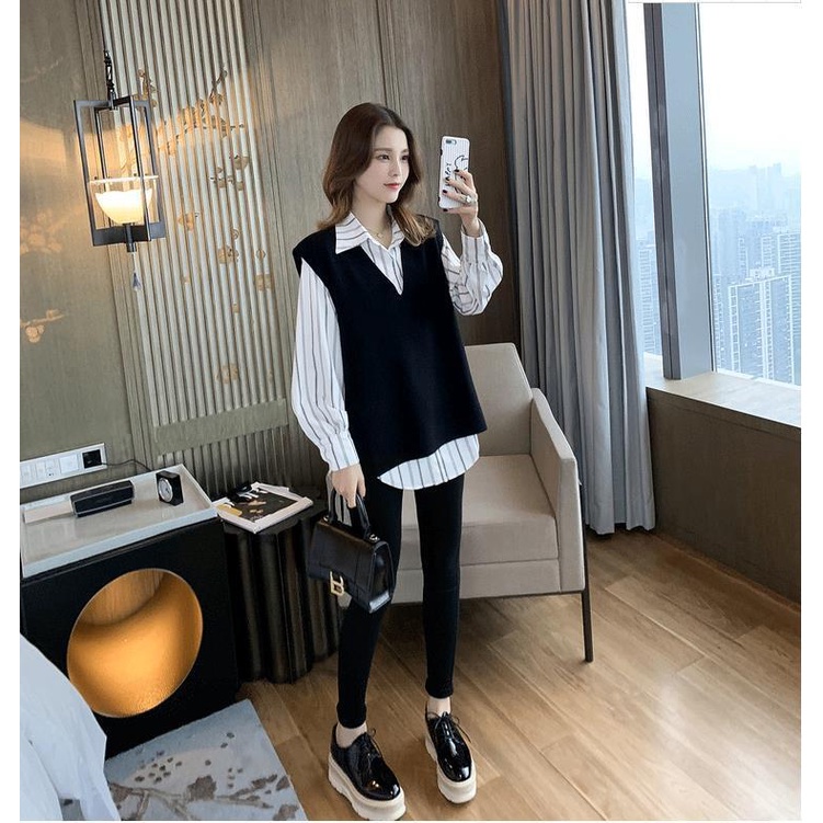 Set áo sơ mi + áo gile len không tay màu đen thời trang cổ điển cho nữ (có bán lẻ)