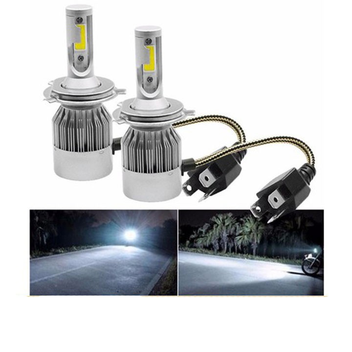 Đèn LED C6 2 tim , đèn pha LED SIÊU SÁNG, đèn trợ sáng xe máy, đèn led C6 chân H4 (1ĐÔI)