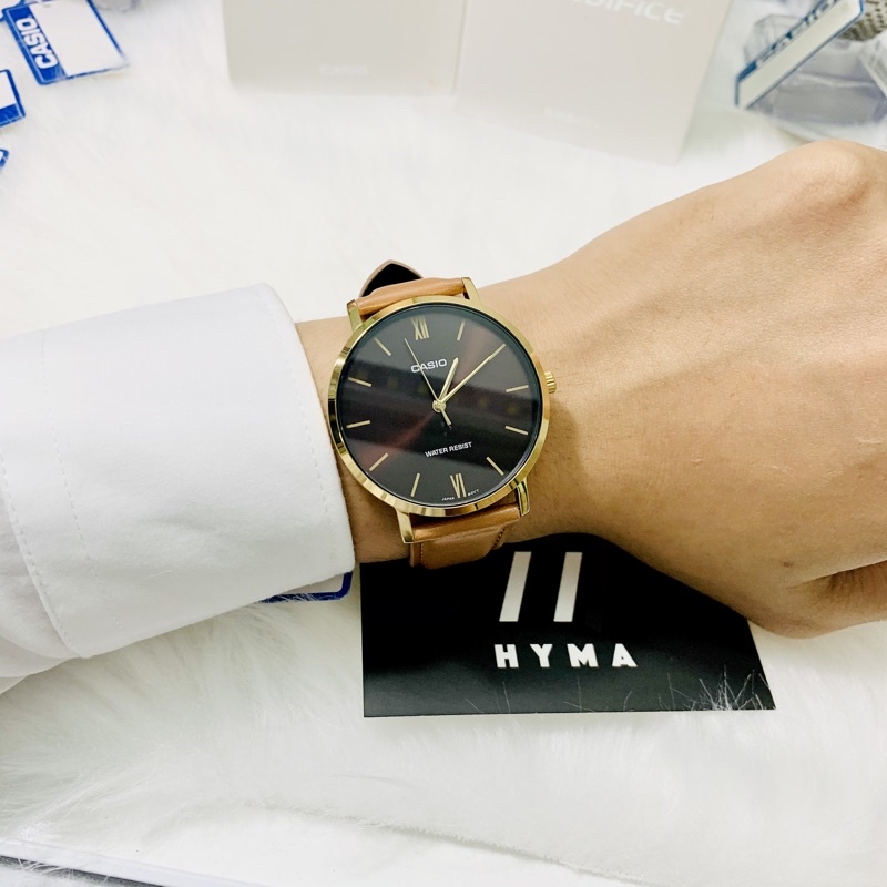 Đồng hồ nam đẹp dây da Casio MTP VT01GL-5B mặt đen chống nước Bảo hành 1 năm Hyma watch