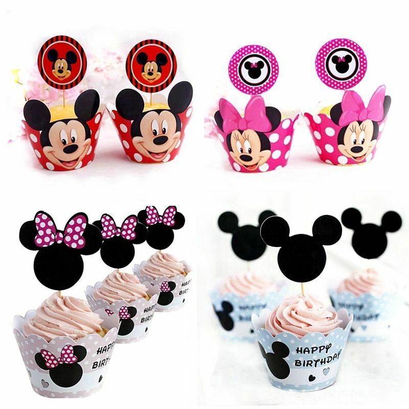 Set 24 Phụ Kiện Màng Bọc Và Topper Trang Trí Bánh Cupcake Họa Tiết Chuột Mickey Minnie / Doraemon / Công Chúa Băng Giá