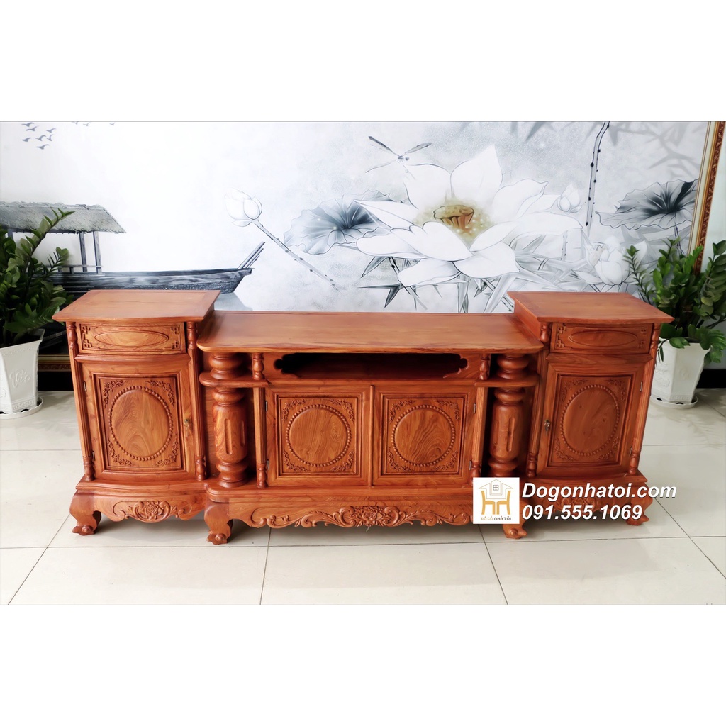 Kệ Tivi Gỗ Hương Đẹp Mẫu Trụ Lõm 2m, 2m2, 2m4 - NT720
