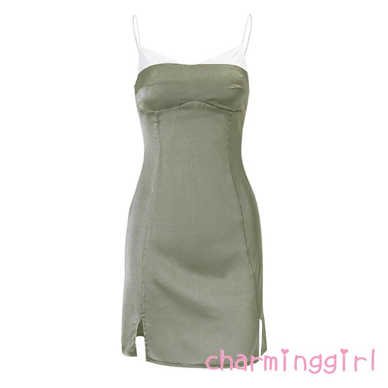 Chm-đầm Hai Dây Xẻ Tà Cạp Thấp Một Mảnh Màu Tương Phản Cho Nữ