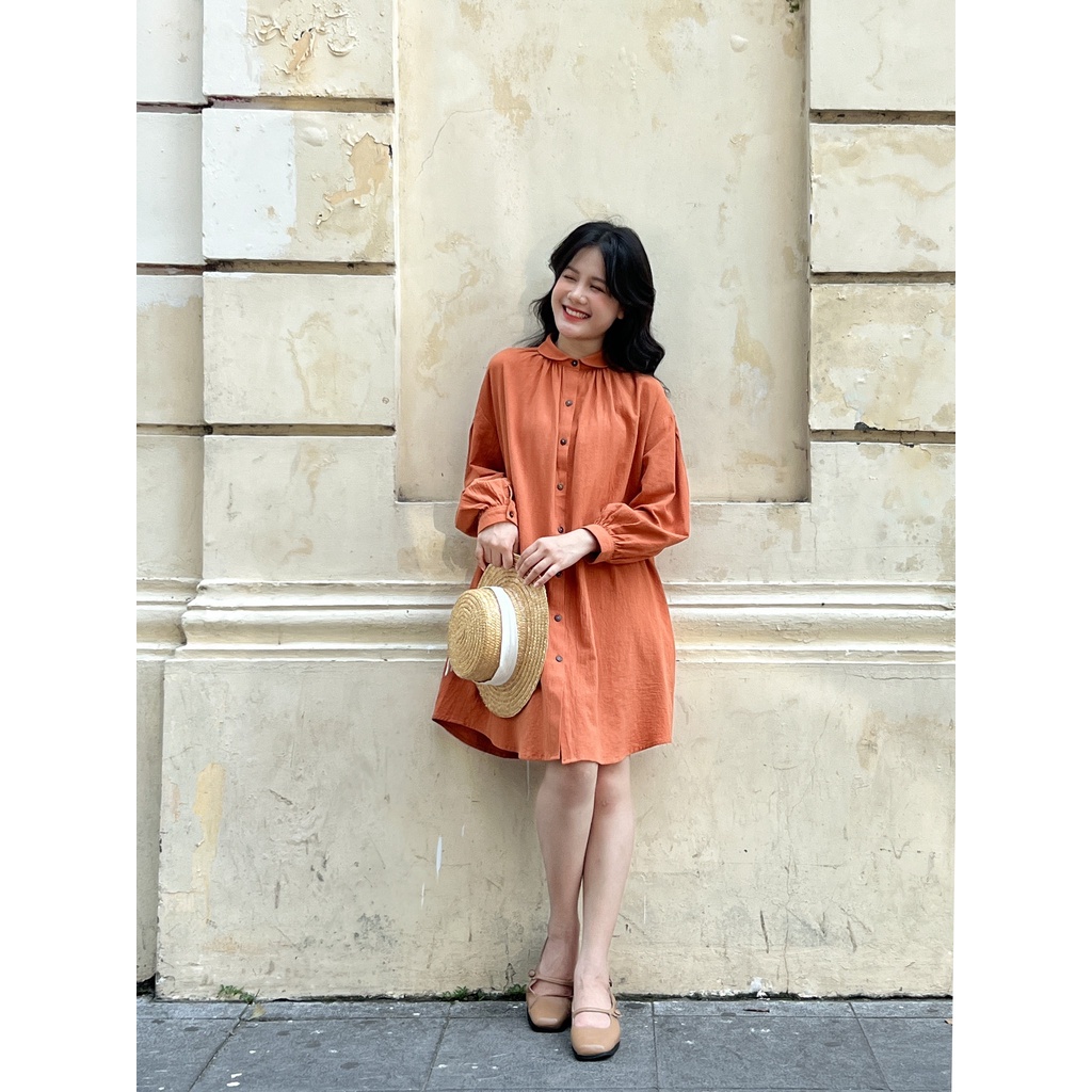 Váy sơ mi suông cổ sen cam dáng freesize MADELEN