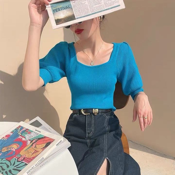 Áo Dệt Kim Mỏng Tay Ngắn Phồng Cổ Vuông Thời Trang Xuân Hè Mới 2021 Cho Nữ