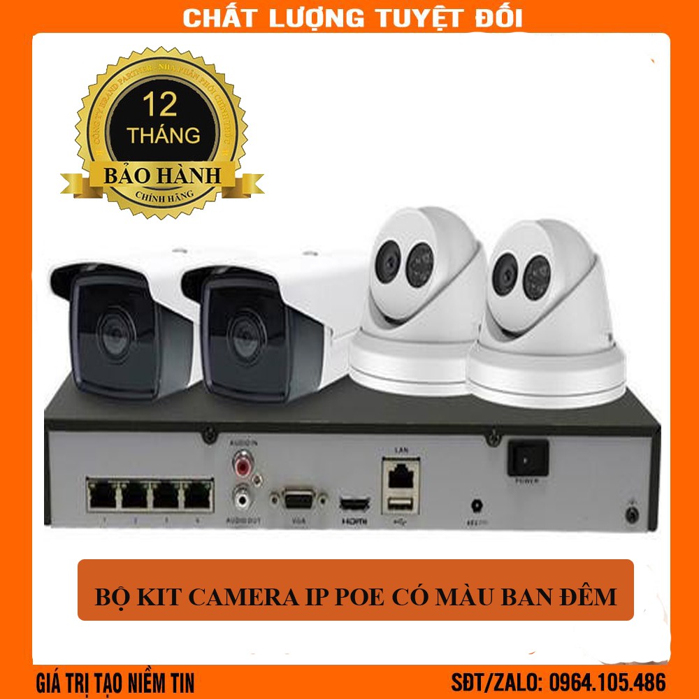 Trọn bộ 4 Camera IP POE 3MP ghi hình 2K có màu ban đêm và đầu ghi hình IP công nghệ POE chuẩn nén H265+ HDD tùy chọn