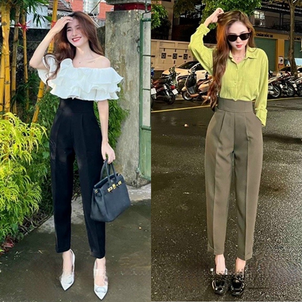 Quần tây Baggy nữ lưng cao cạp V, Quần Baggy nữ dáng công sở khóa sườn màu đen tuyết mưa cao cấp Okélla