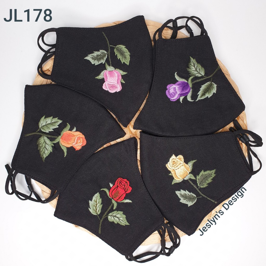 Khẩu trang thêu tay vải linen hình hoa Hồng JL178