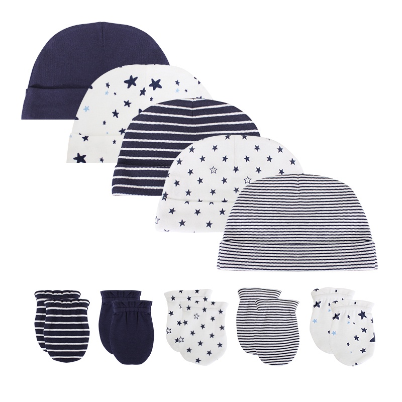 Set 5 cặp găng tay + 5 mũ 100% cotton chống làm trầy xước da khi bé ngủ 0-6 tháng