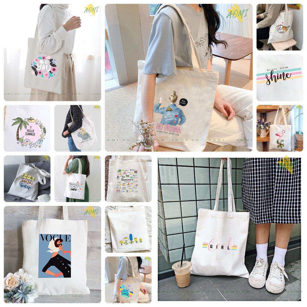 TÚI VẢI ĐEO VAI TOTE CANVAS BAG CÓ KHÓA KÉO SIZE LỚN 33x38cm AOMIVN PHONG CÁCH CÁ TÍNH HOT TREND NHIỀU MẪU