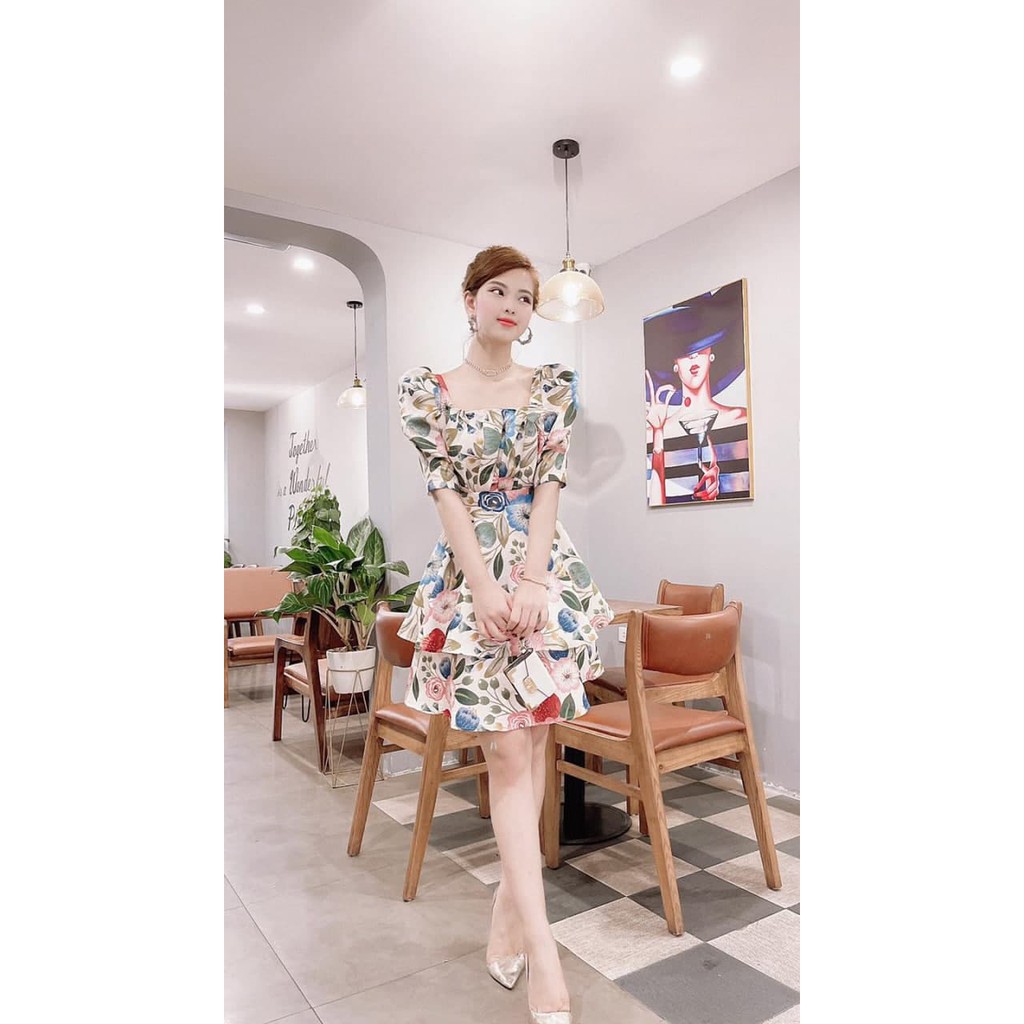 Đầm thiết kế cổ vuông tay lỡ phối hoa lá lên dáng xinh tươi V1841 - Zin Boutique [Kèm ảnh thật]