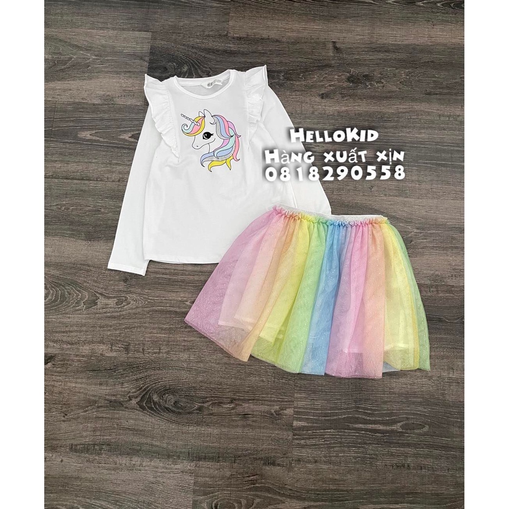 B394 - Bộ áo riềm vai Pony kèm chân váy tutu cầu vồng bé gái