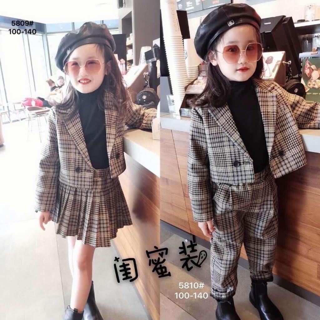 [SALE] Set Váy Xếp Ly/Quần Baggy Phối Áo Dạ Kẻ Cổ Vest Cực Dễ Thương Cho Bé Trai/Gái V162