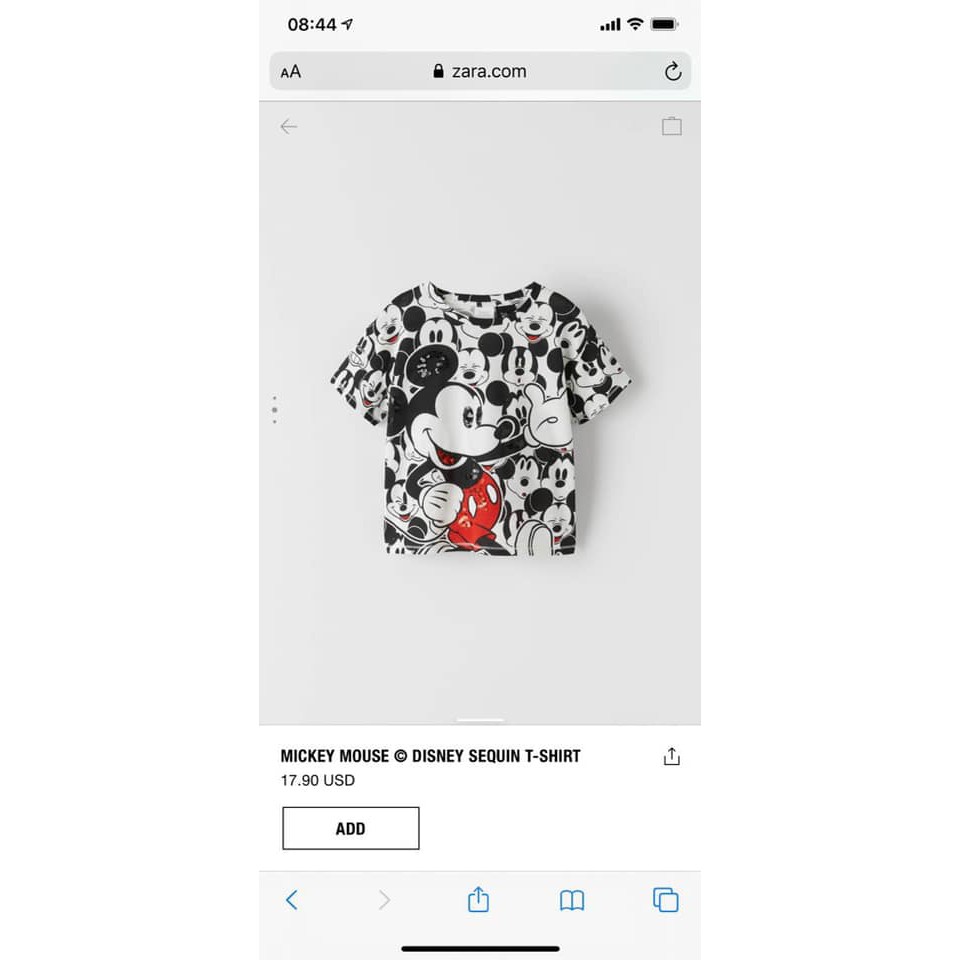 Áo cộc tay ZARA hoạ tiết Mickey đính cườm cho bé, chất cotton siêu mát