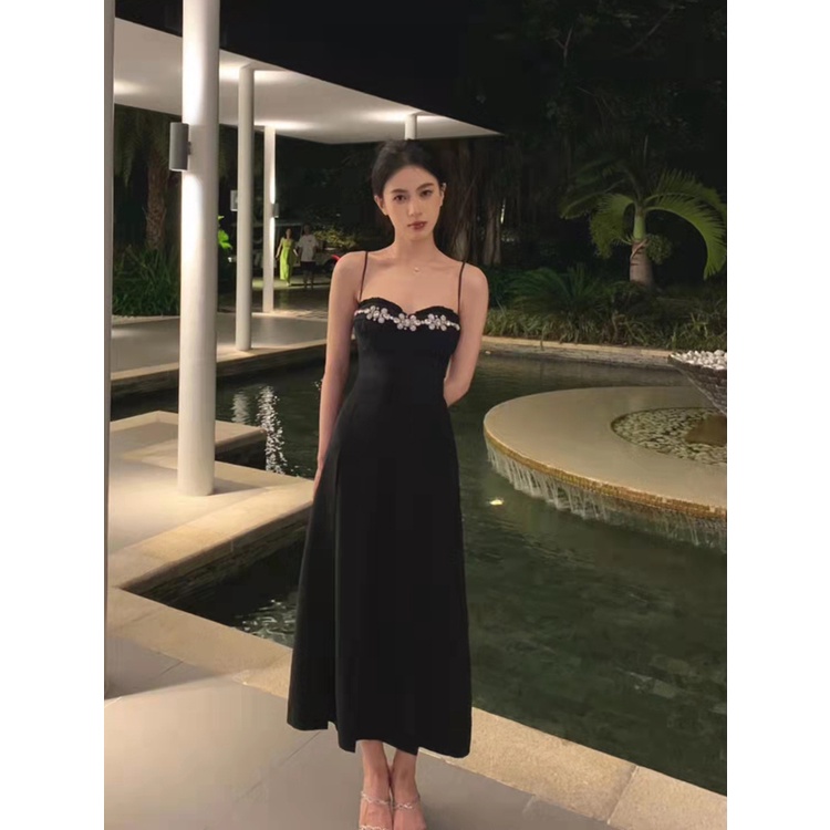 Jane Váy dạ tiệc màu đen hở lưng quyến rũ Hepburn khí chất đá lấp lánh
