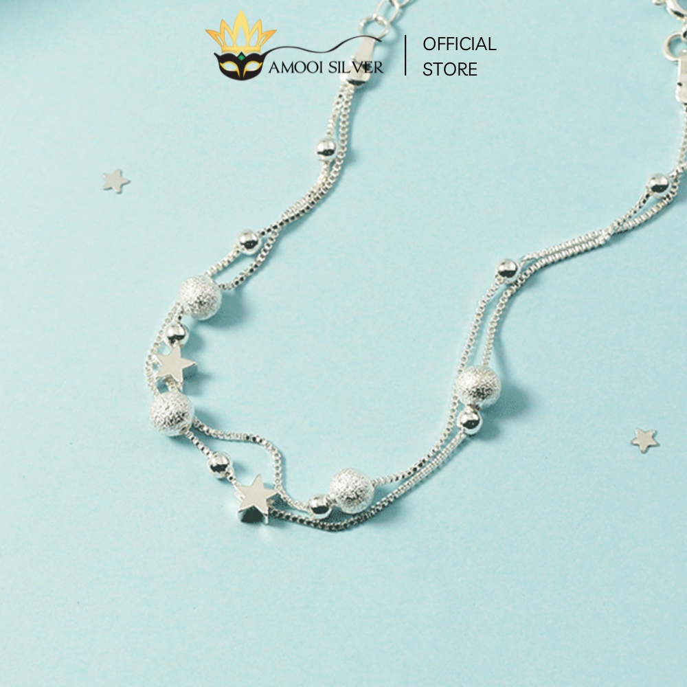 Lắc Tay Bạc S925 Dây Đôi Mẫu Ngôi Sao Kèm Bi Tròn Và Bi Cát Lấp Lánh - Amooi Silver AT05
