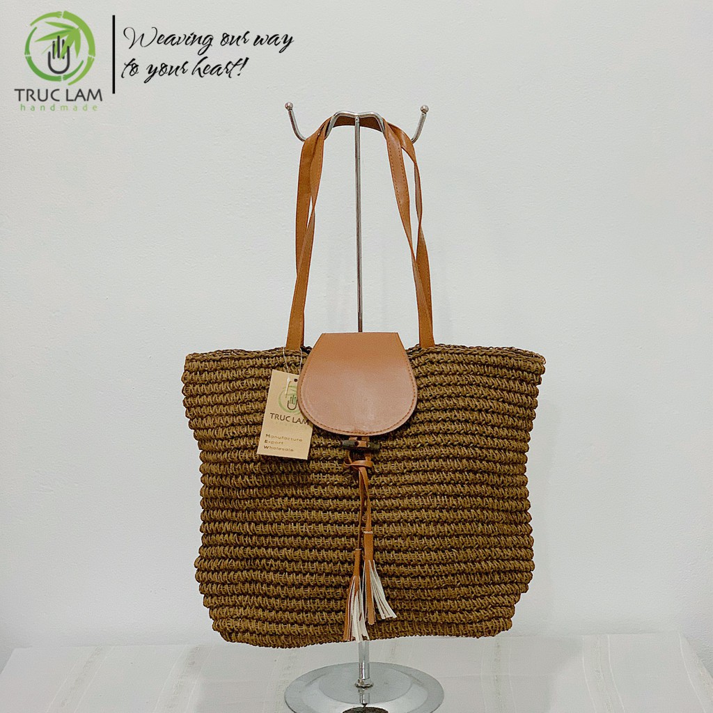 Túi Cói Tote Thời Trang Nữ Quai Và Nắp Da Trang Trí Quả Tua Rua – Trúc Lâm Handmade