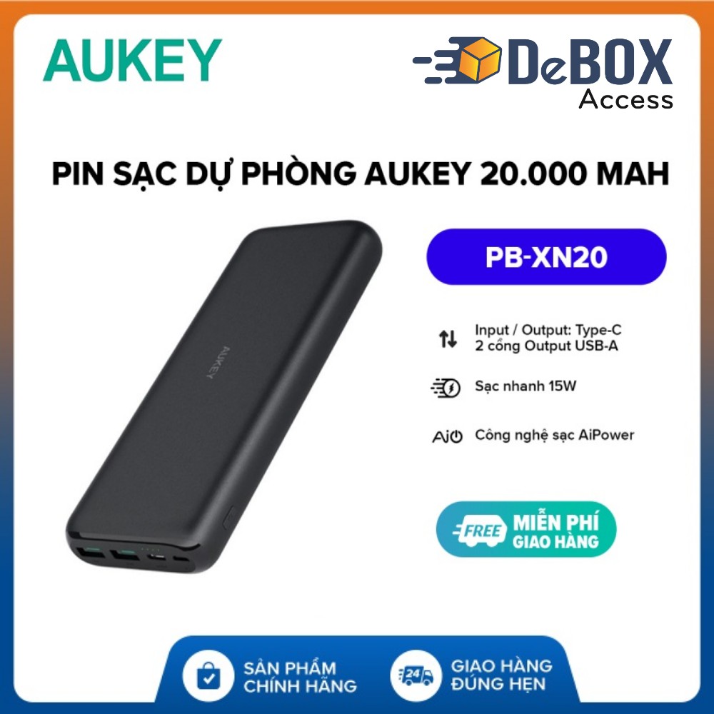 Pin Sạc Dự Phòng 20000mAh Aukey PB-XN20 2 Cổng AiPower Cổng Type C 15W - Bảo hành 2 năm