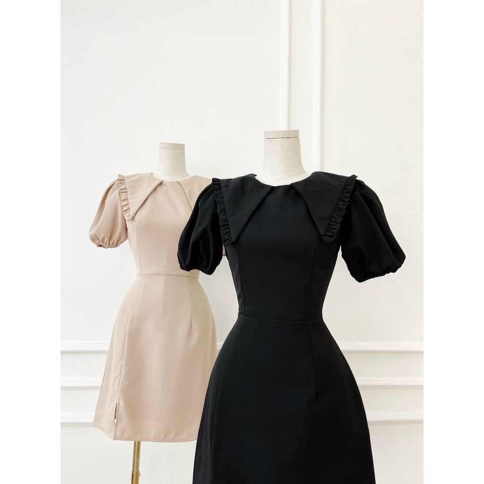 [HÀNG THIẾT KẾ CAO CẤP] Đầm Xòe Tay Phồng Cổ Viền Bèo Công Sở / Đi Tiệc Sang Trọng Màu  Đen