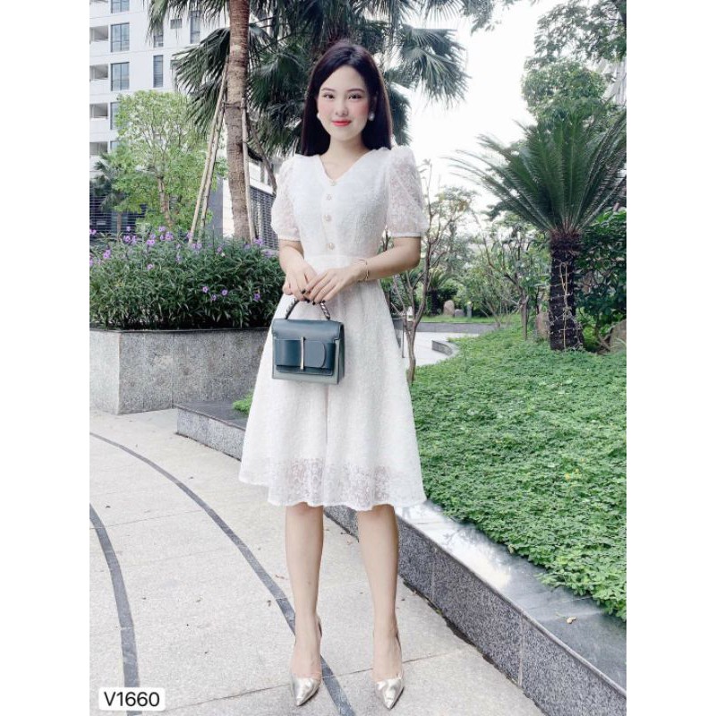 Váy xòe trắng hoa nổi V1660_ hàng thiết kế cao cấp