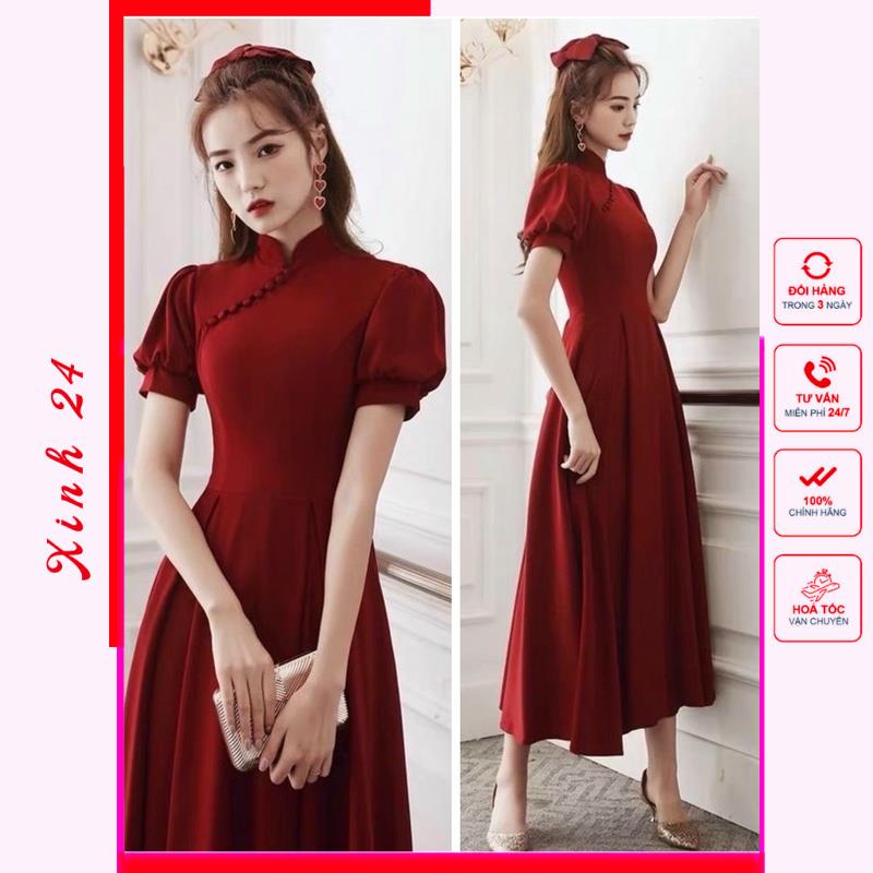 Đầm váy đỏ đi tiệc sang chảnh cổ áo dài (kèm hình thật)