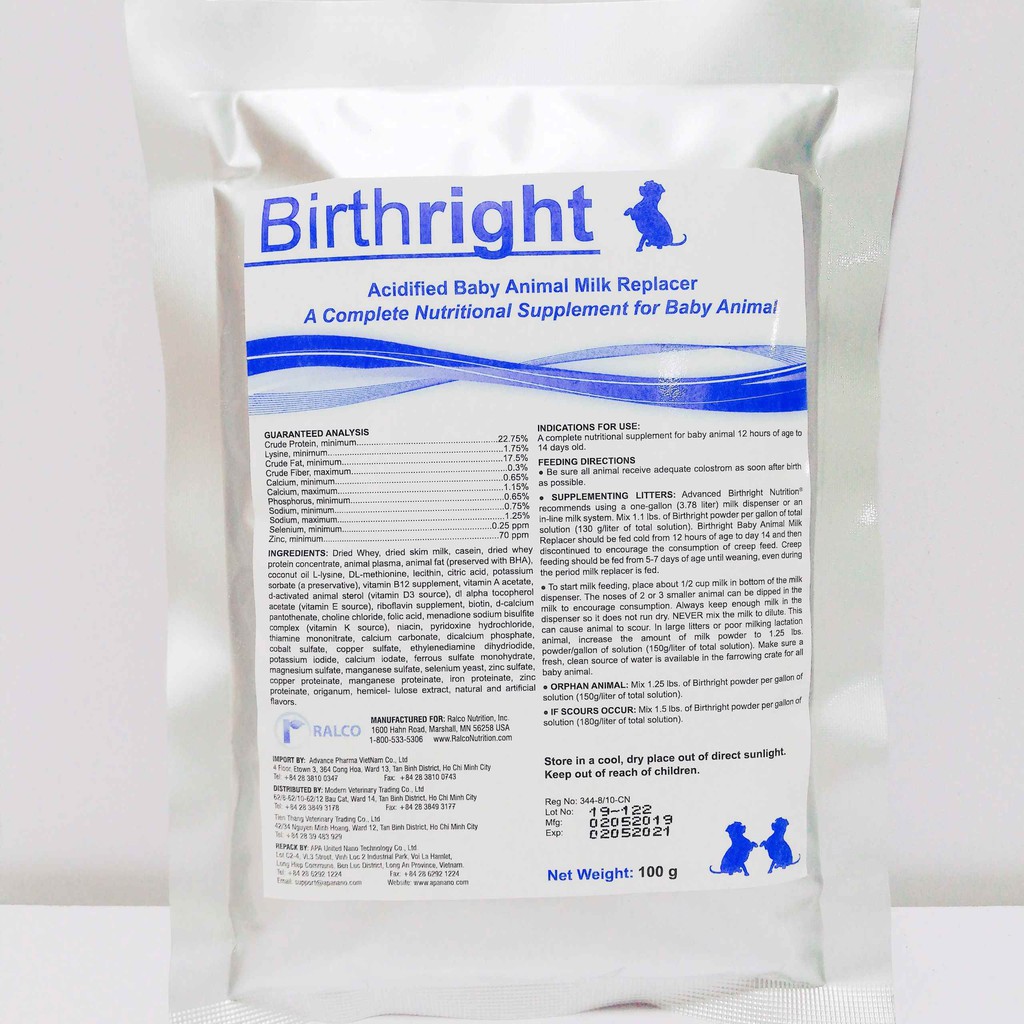 Sữa Bột Cho Thú Con Birthright Gói 100g