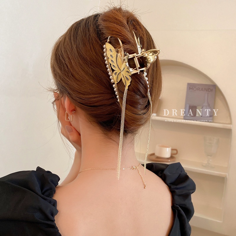 Kẹp Tóc Kim Loại Hình Bướm Đính Ngọc Trai Phong Cách Thời Trang