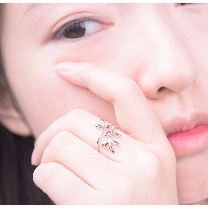 【Kifli】 Nhẫn dạng hở hình lá cây olive mạ vàng bạc