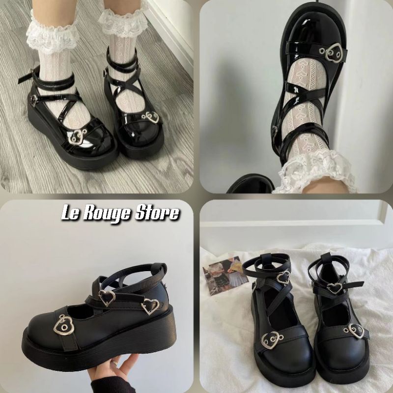 (ORDER) Giày búp bê đen có đế ulzzang đan dây hình trái tim phong cách Lolita đế cao tôn dáng 2 loại (ảnh thật)