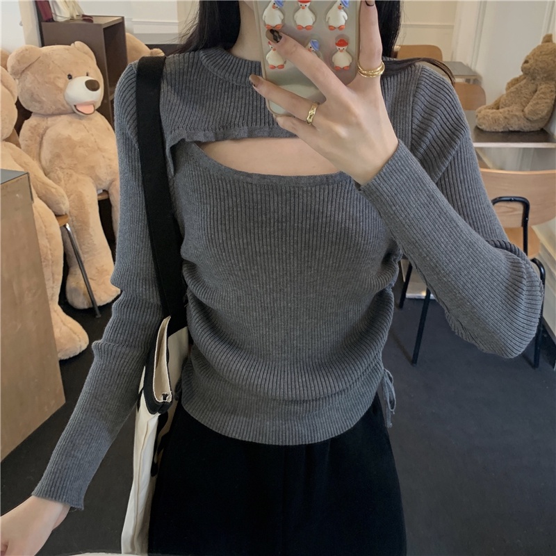 【ZHELIHANGFEI】Áo Sweater Dệt Kim Tay Dài Dáng Ôm Phối Dây Rút Cá Tính