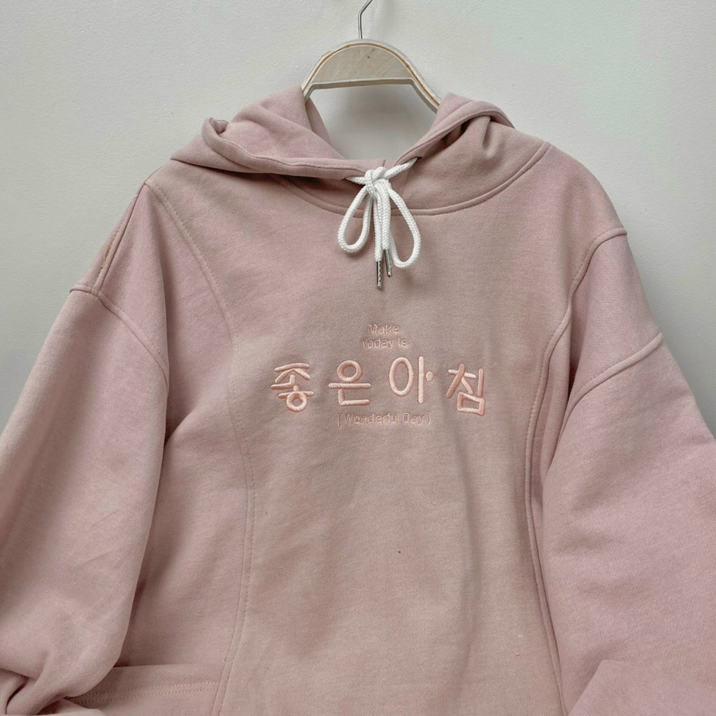 Áo Hoodie nỉ bông thêu chữ | Hoodie tay dài phối nón Form rộng Ulzzang màu Hồng Pastel