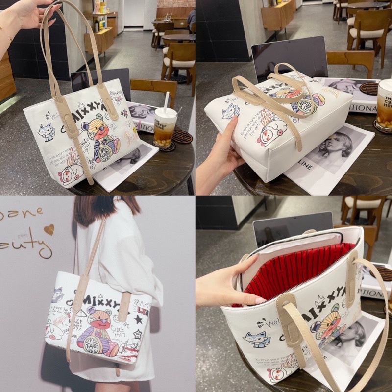 Túi Tote Đeo Vai, Túi Xách Nữ Hoạ Tiết Gấu Mixxyn