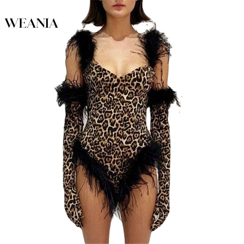 Bộ Áo Liền Quần Hai Dây Họa Tiết Da Báo Quyến Rũ Kèm Găng Tay Dành Cho Nữ