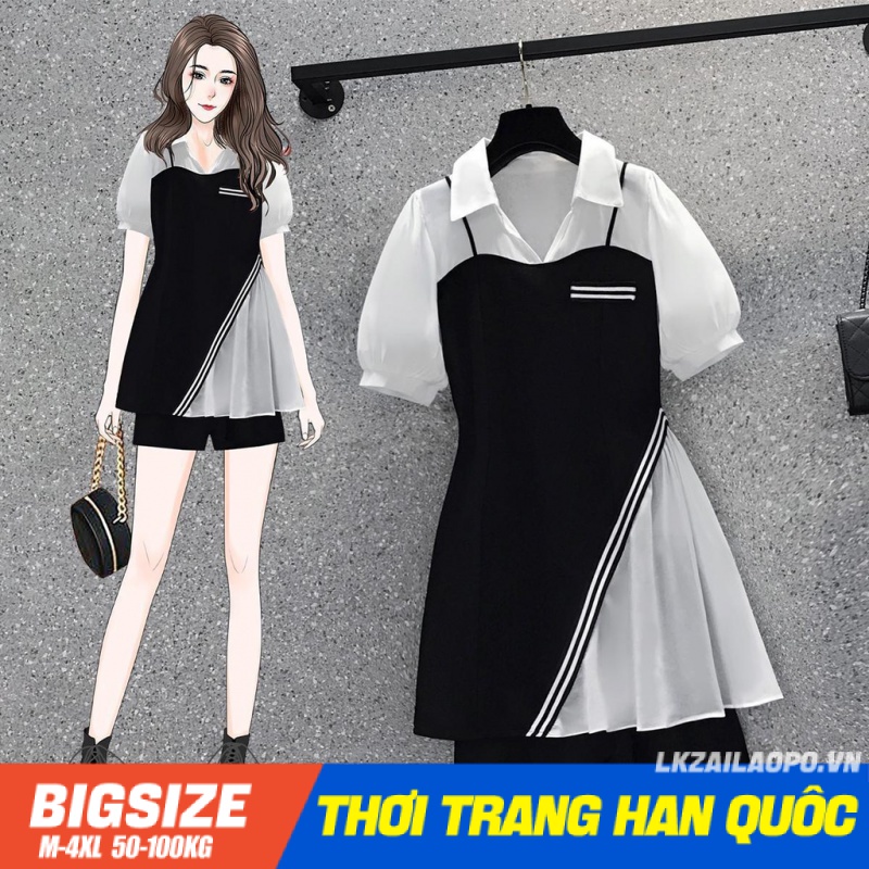Set bộ đồ nữ Bigsize Áo sơ mi tay ngắn có cổ kết hợp quần short nữ quần đùi ống rộng lưng cao cạp cao chữ a mùa hè Phong cách Hàn Quốc Thời Trang Quần áo nữ đi Chơi sang chảnh cá tính cho người mập béo