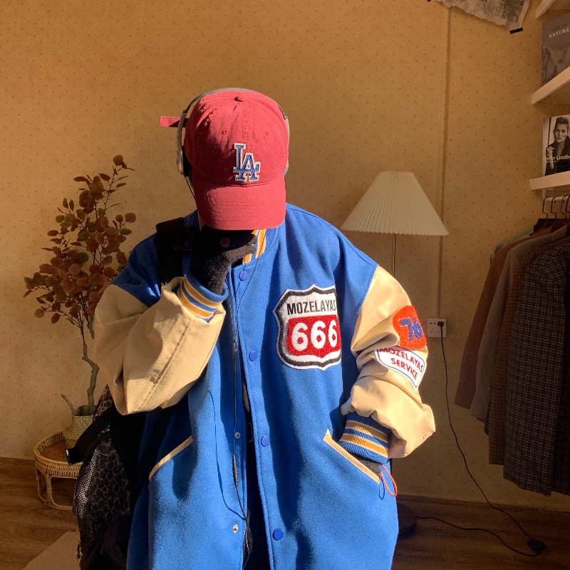 áo khoác áo polo nam áo khoác dù đồ bộ nam Áo khoác bóng chày cổ đứng dáng rộng màu xanh dương/vàng thời trang hip hop đường phố mỹ cho nam size M-3XL