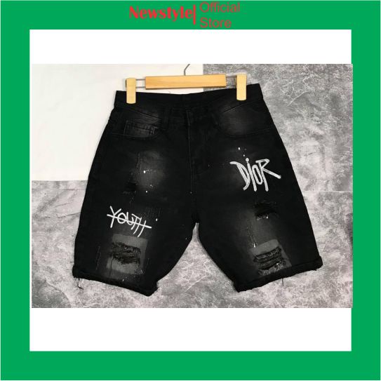 Quần short jean nam đen rách thêu chữ mẫu mới chất bò co dãn nhẹ cao cấp