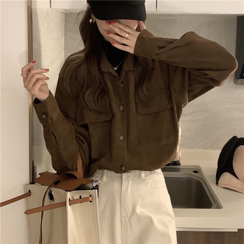 Áo sơ mi nhung kẻ tay dài dáng rộng phong cách retro 47230