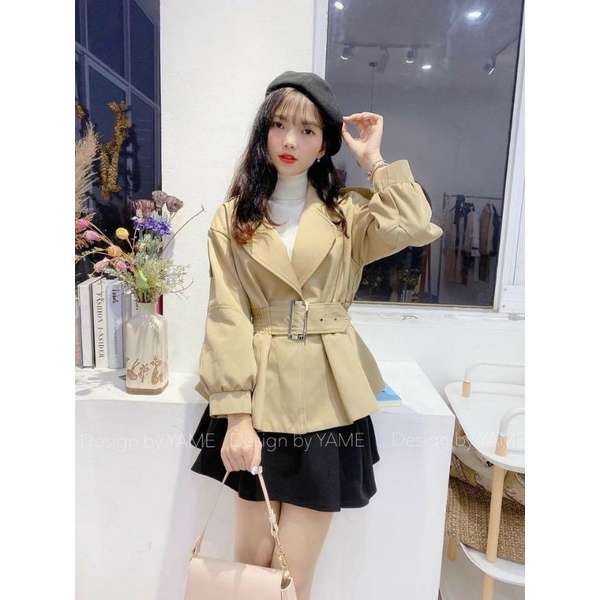 Áo khoác măng tô kaki chần chun eo có đai cài hàng VN