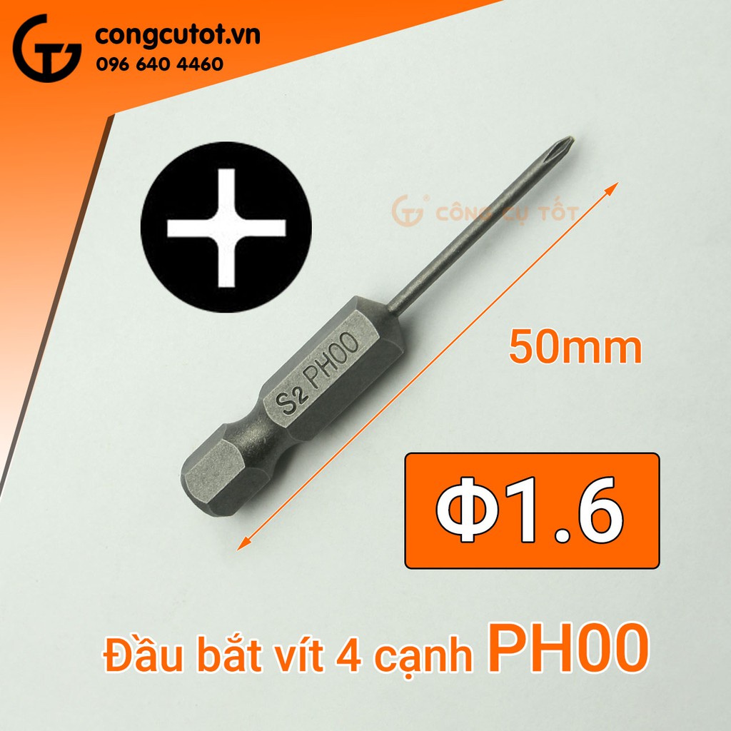 Đầu bắt vít 4 cạnh PH00 Φ1.6 dài 50mm chuôi lục
