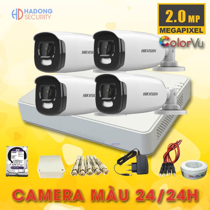 Bộ 04 camera 2mp có màu ban đêm hikvision colorvu, có màu 24/24h, đầy đủ phụ kiện