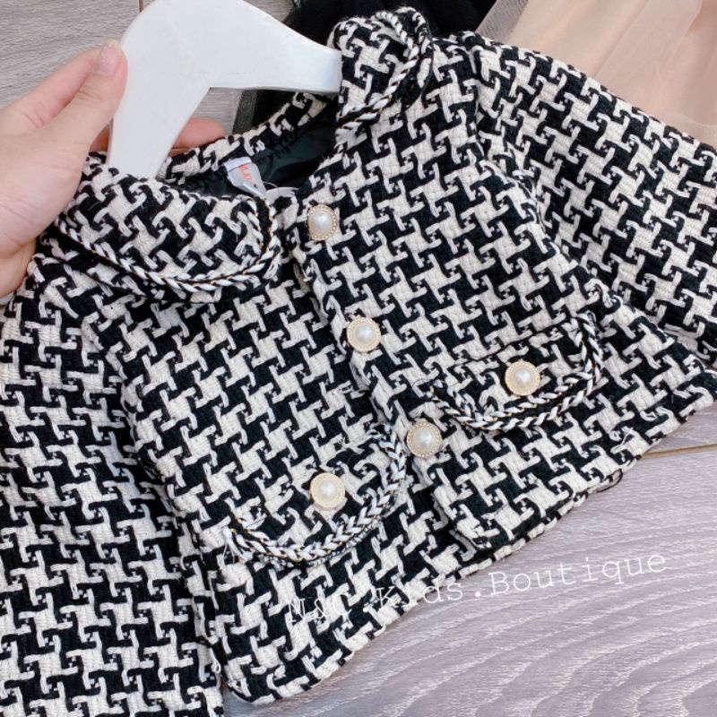 [Xả hàng] Sét váy dạ tweed chân váy ren bồng kèm áo khoác cúc ngọc cho bé gái, set dạ tweed diện Tết cho bé cực xinh
