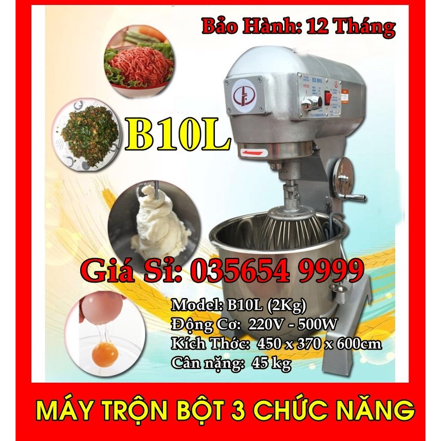Máy trộn bột, nhào bột, đánh trứng đi kèm phụ kiện 3 càng chuyên dụng: càng lồng, càng chân vịt, càng móc câu 10l
